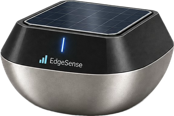 EdgeSense AI wireless sensor product design with integrated solar panel